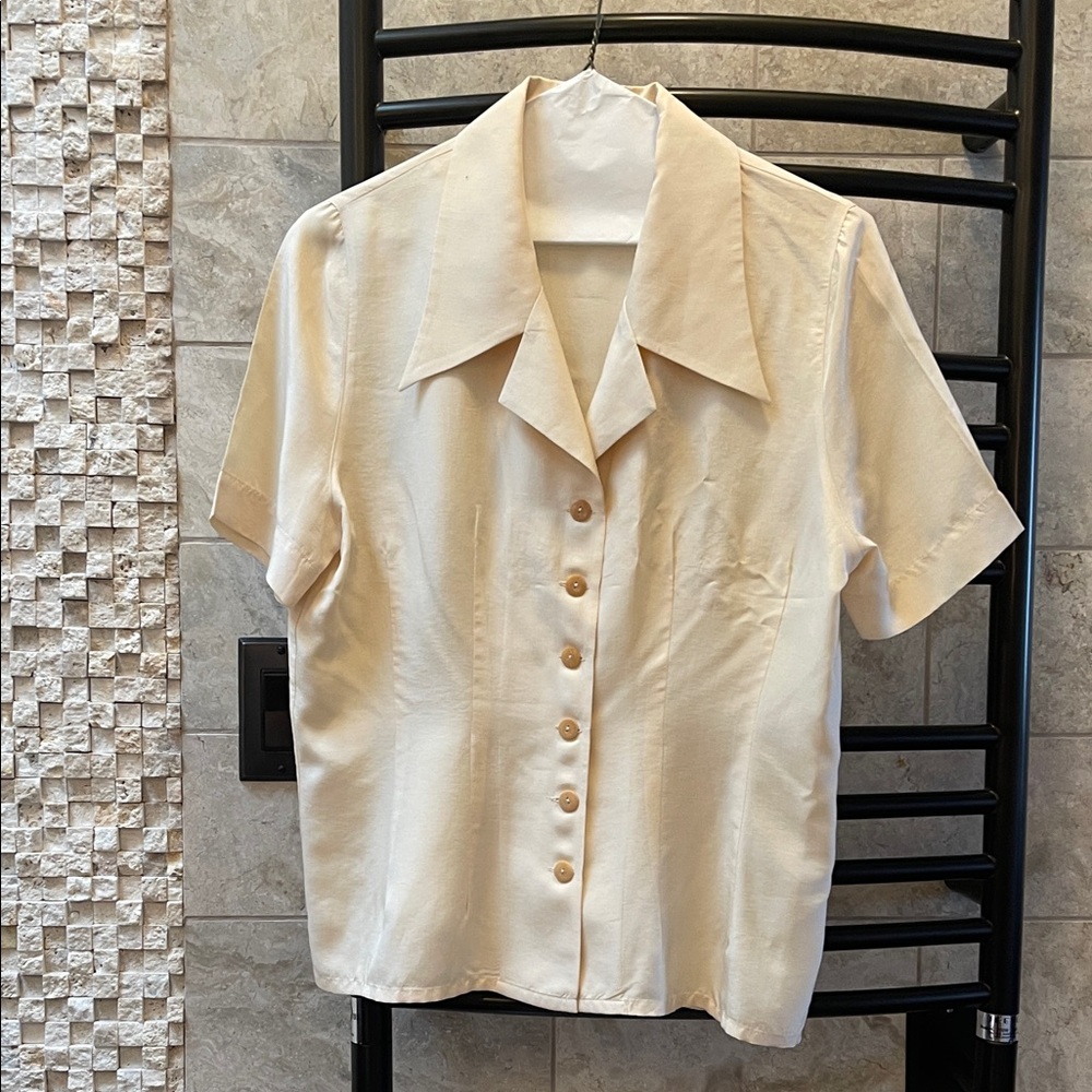 Celine Ivory Silk Short-Sleeve Button-Up Blouse